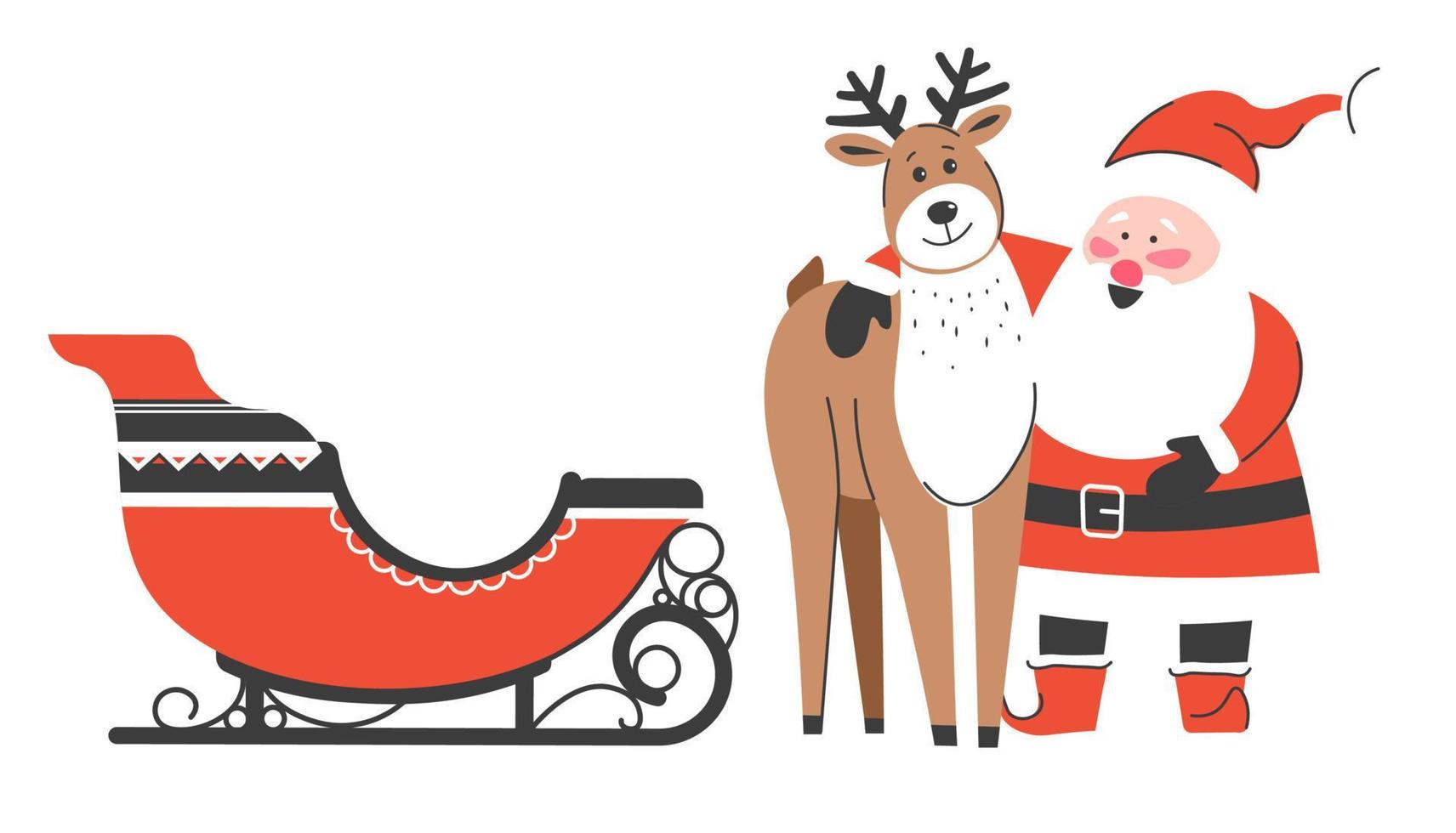 Santa Claus hugging reindeer, Christmas characters vector