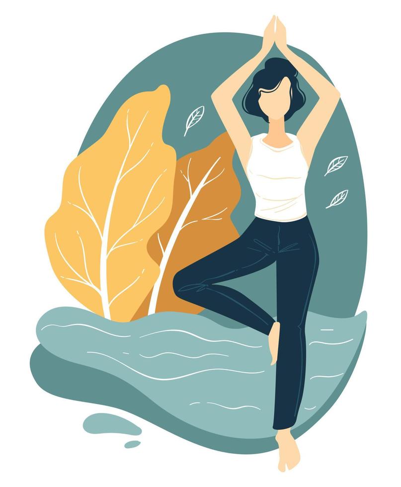 Female character practicing yoga, fitness and sports vector