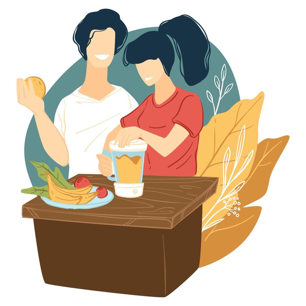 pareja haciendo batido fresco de vector de frutas tropicales