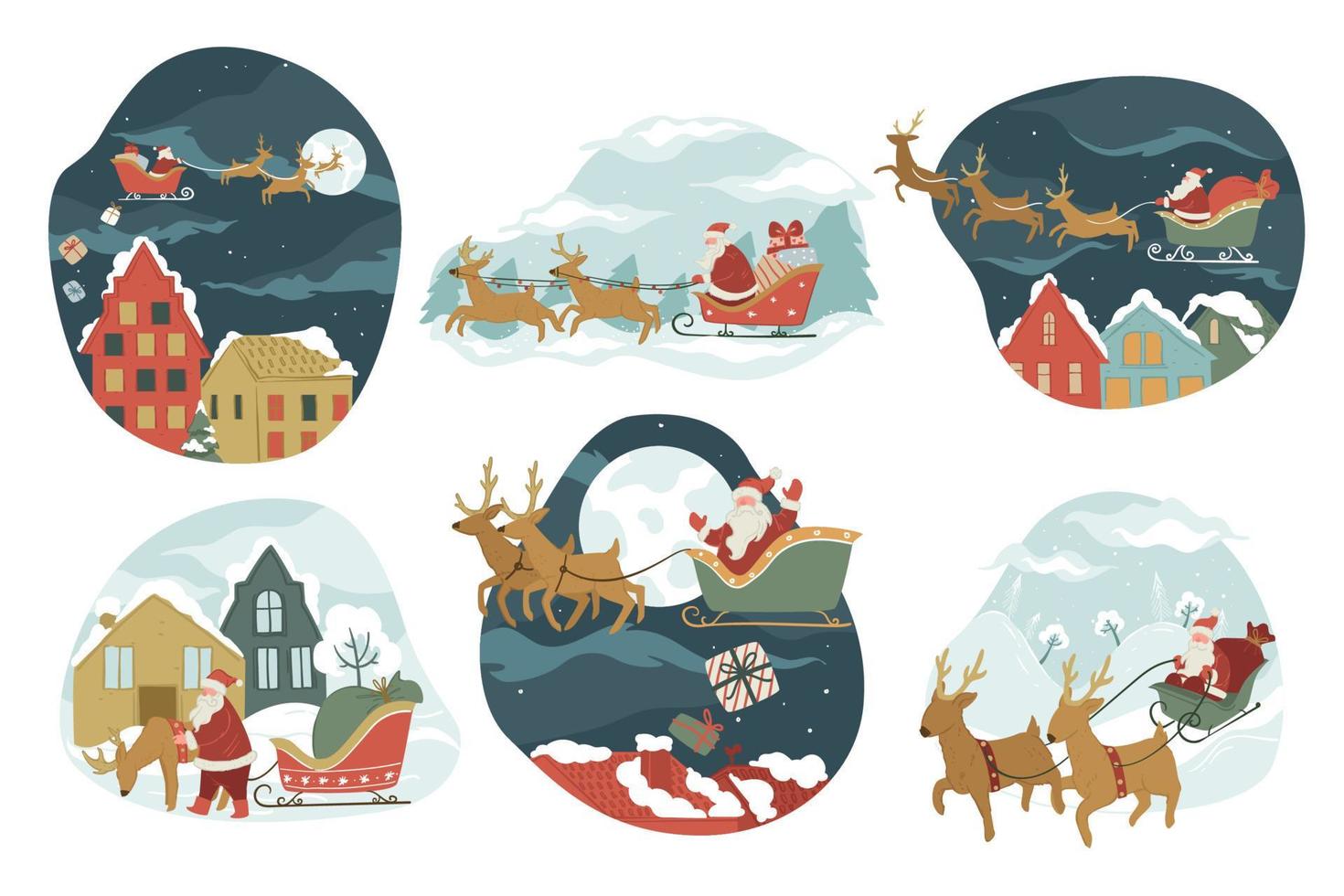Santa Claus riding on sledges giving presents for xmas vector