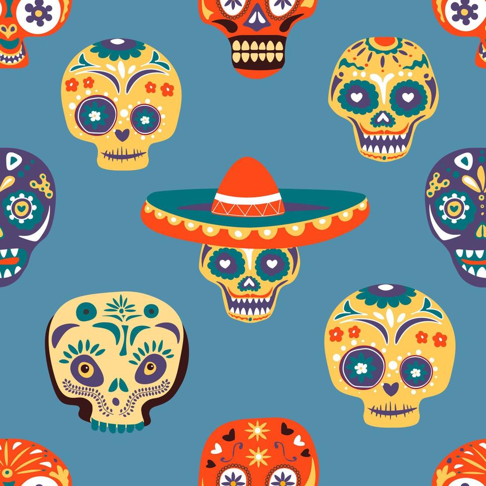 Dia de los muertos, skulls seamless pattern vector