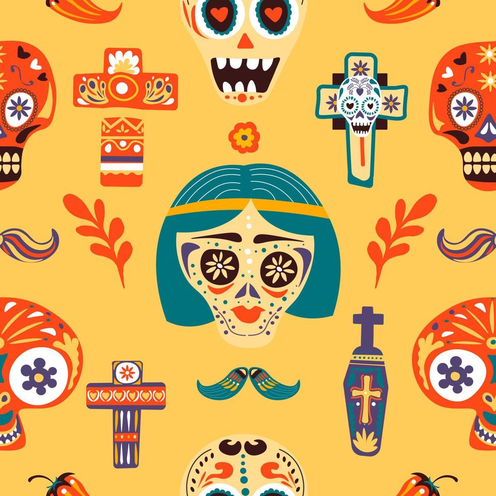 dia de los muertos, calaveras y cruces de patrones sin fisuras vector