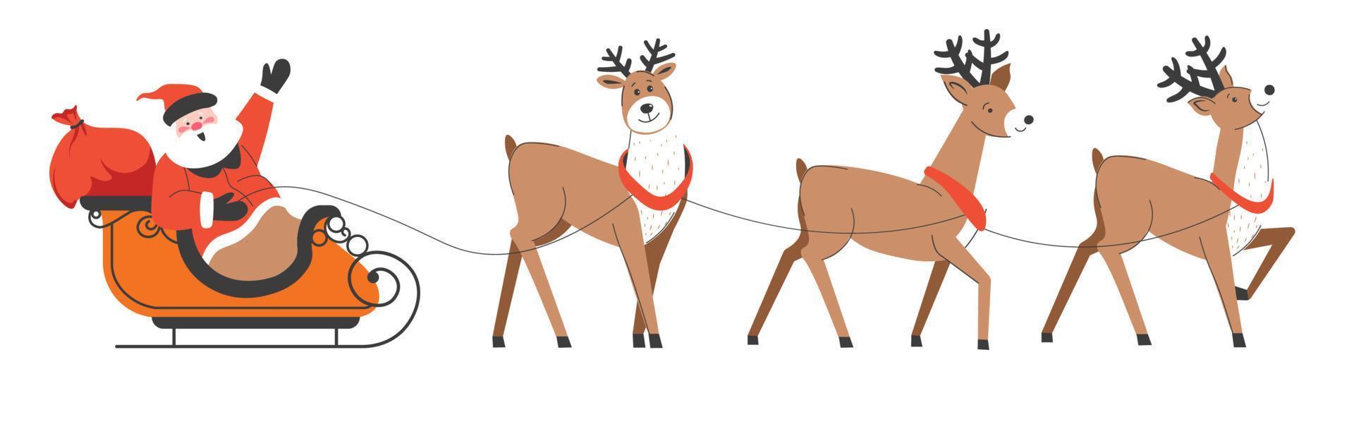 Santa Claus riding on sled with xmas reindeers vector