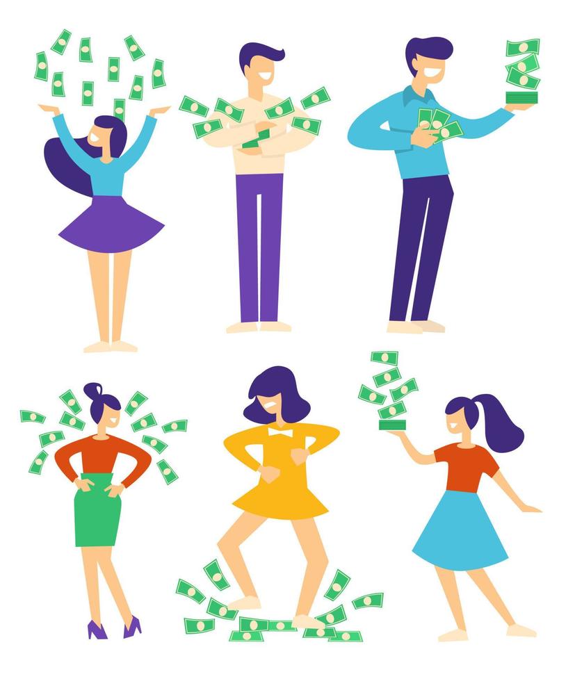 People with pile of money, characters trowing banknotes vector