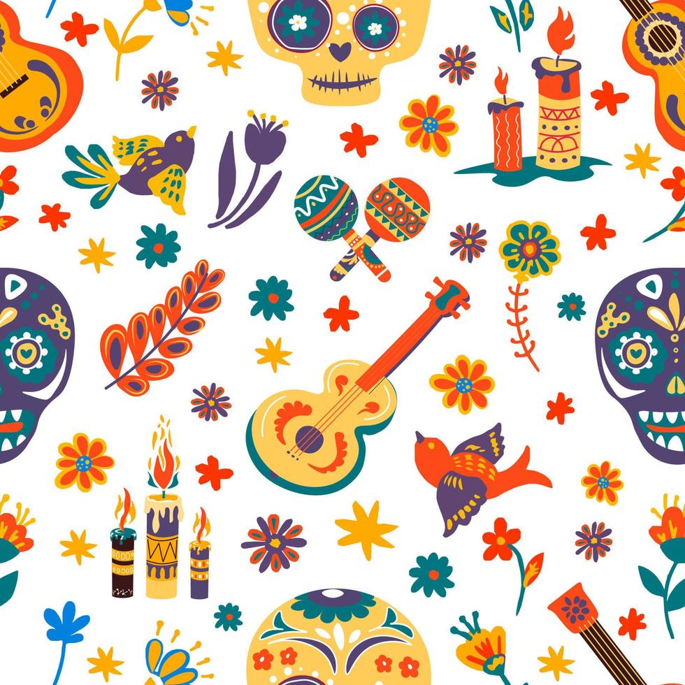 Day of the dead mexican holiday symbols seamless pattern vector