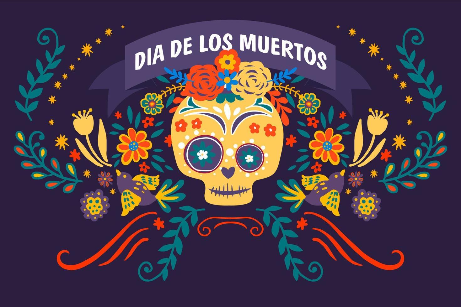 Dia de los muertos, skull decorated with flowers vector