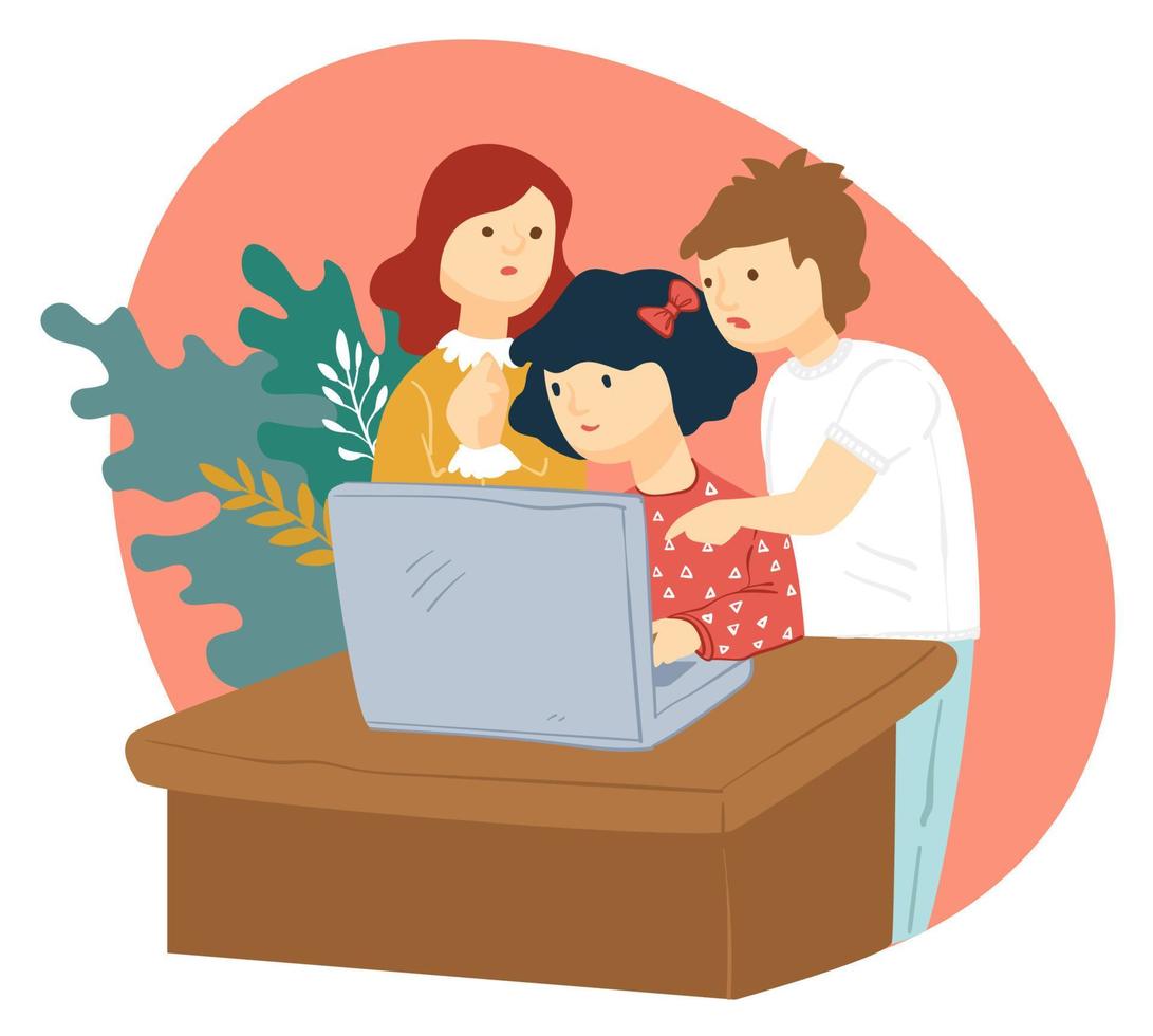 Kids watching videos or playing games on laptop vector