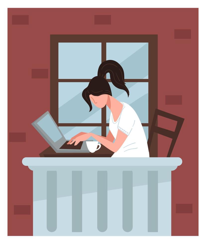 personaje femenino trabajando en computadora en vector de balcón