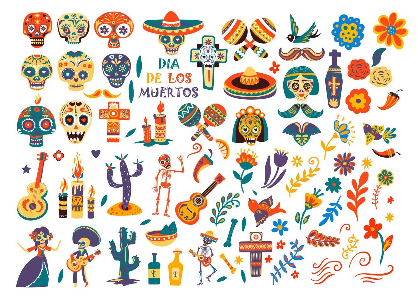 dia de los muertos, simbolos e iconos culturales vector