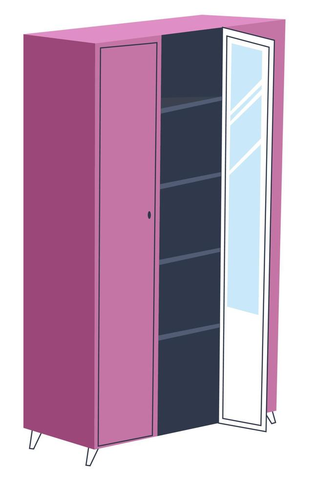 Pink wardrobe with shelves and mirror, interior design vector