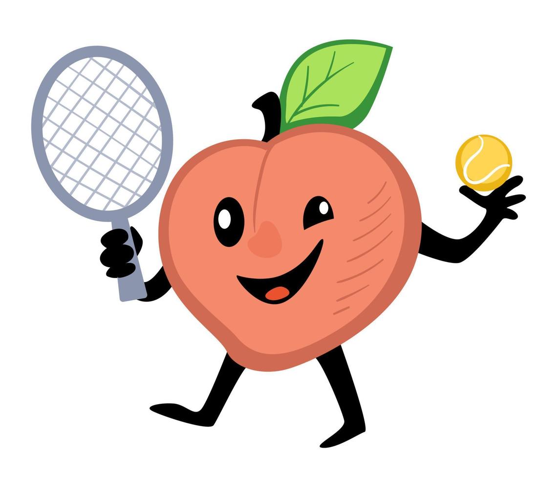 Peach playing tennis, active lifestyle of sportive fruits vector