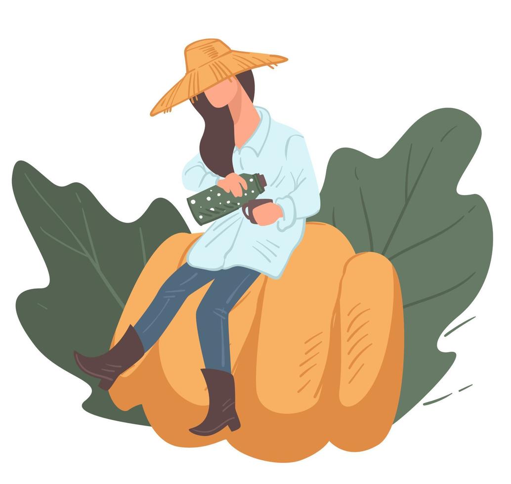 Harvesting season in farm, woman drinking tea sitting on pumpkin vector