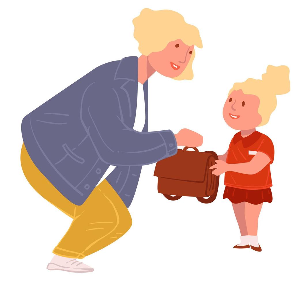 Teacher talking to kid, pupil taking schoolbag from mom vector