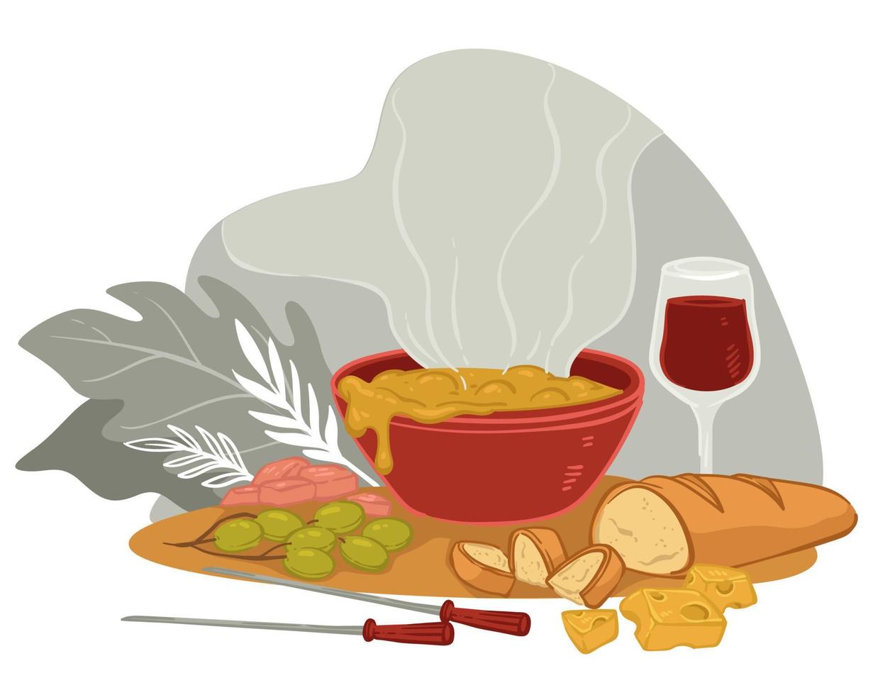 Served table in restaurant or home, soup and wine vector