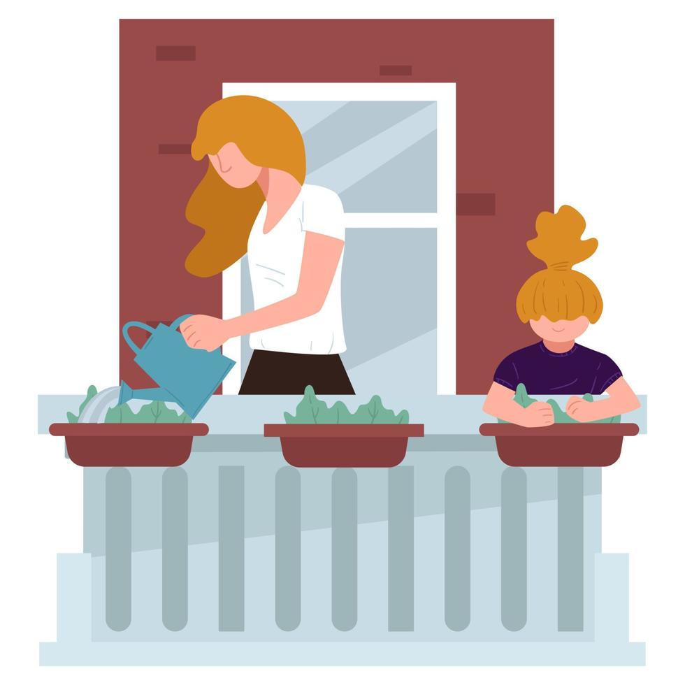 Kid helping mom with home chores, watering flowers vector