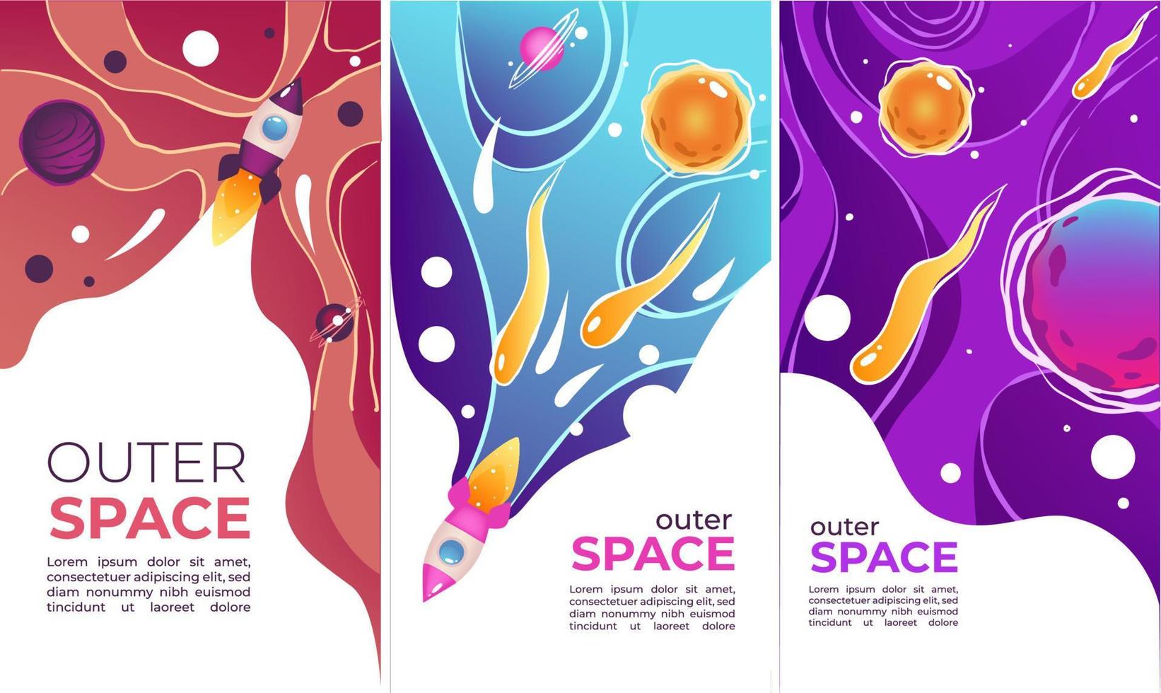 banner del espacio exterior con vector de planetas y cohetes