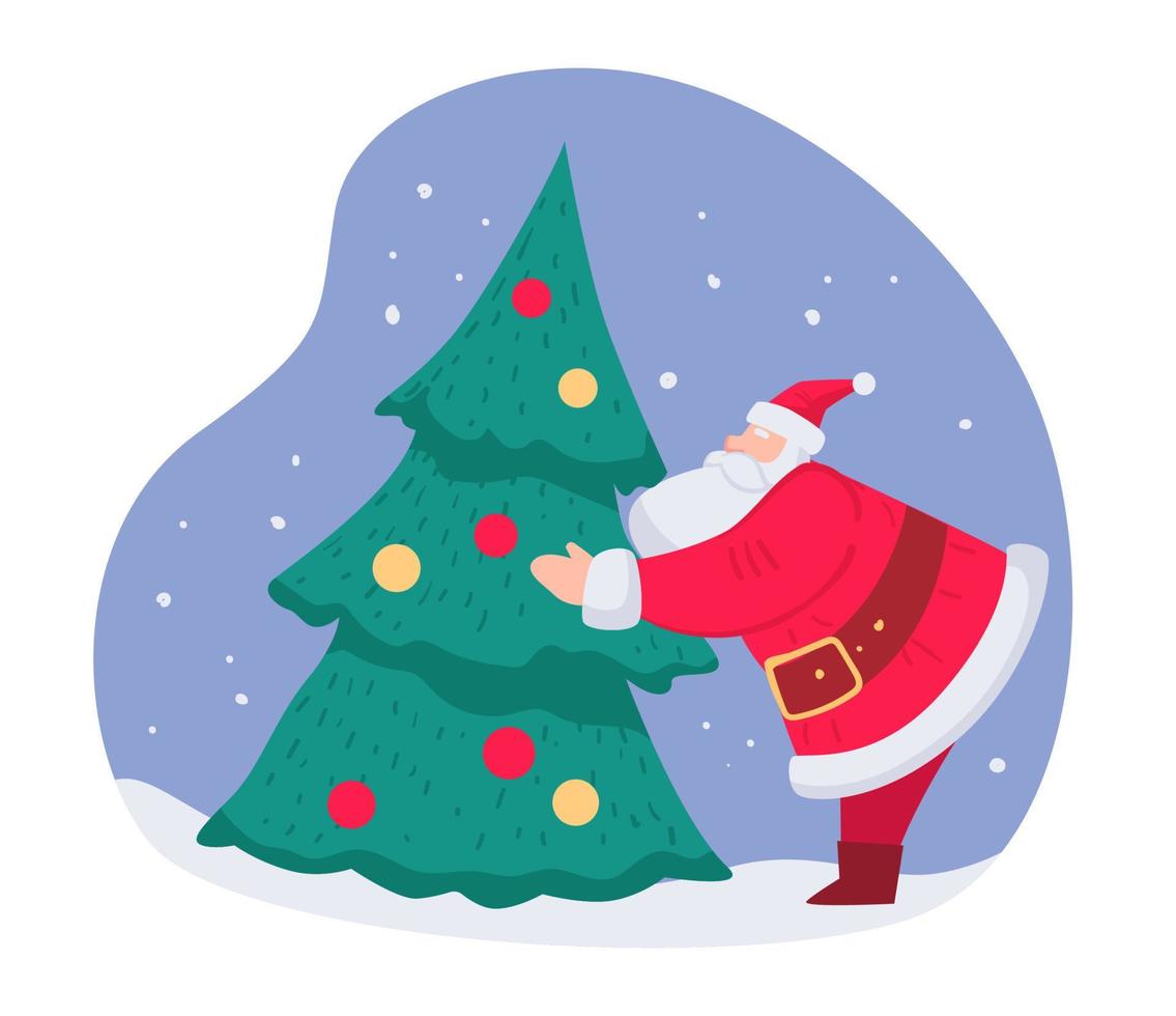 Santa Claus decorating Christmas pine tree vector