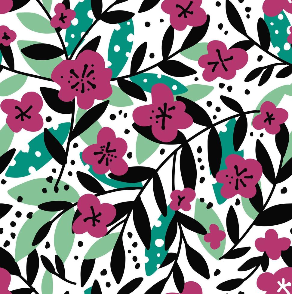 Blooming flowers and foliage on twigs pattern vector