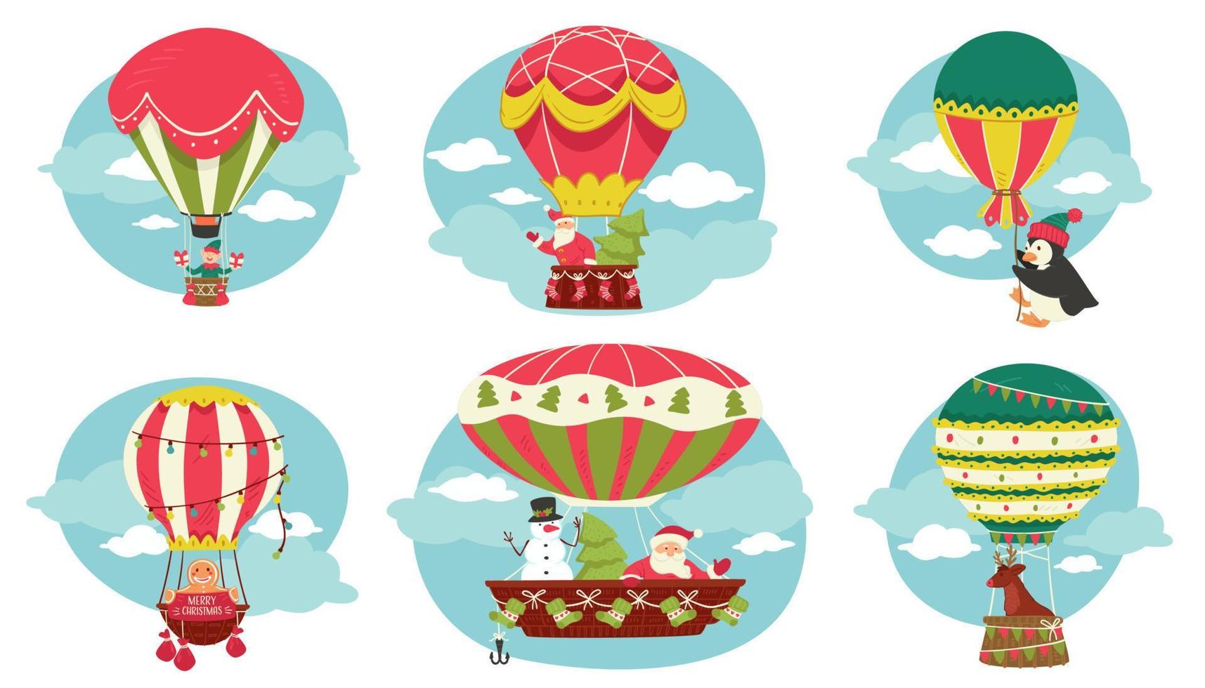 Christmas characters flying in hot air balloons vector