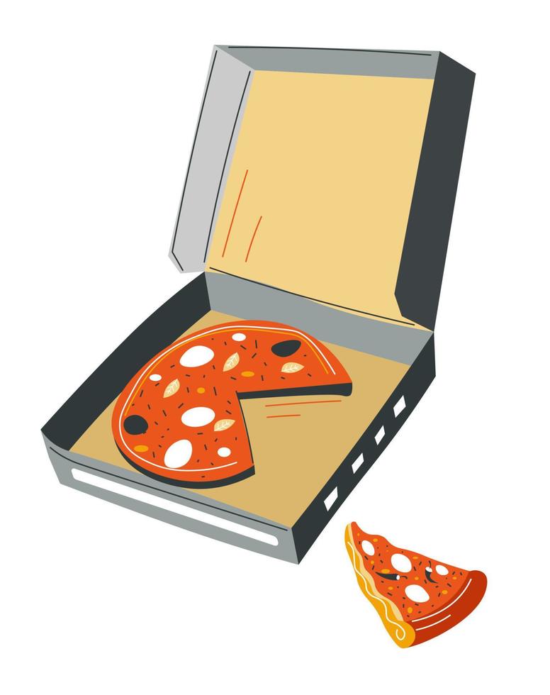entrega de pizza en caja, cocina italiana de comida rápida vector