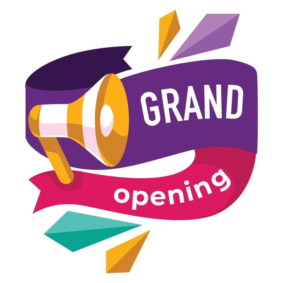 Grand opening soon, banner with megaphone and ribbon vector