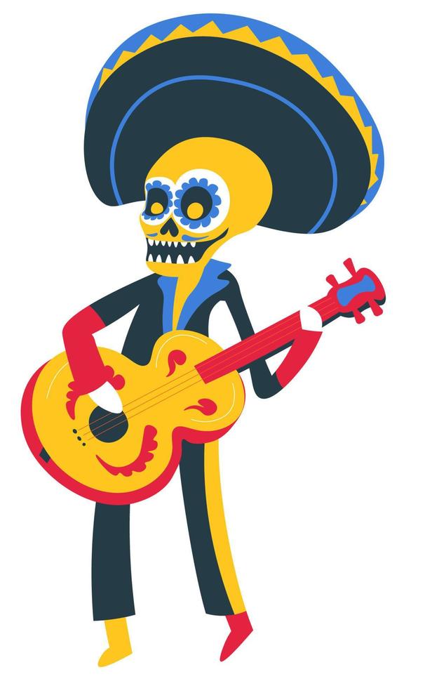 Skeleton playing guitar, day of the dead mexican holiday vector