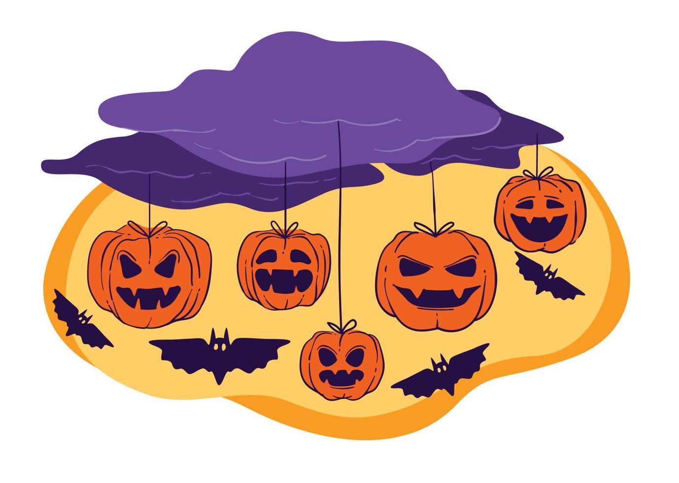 Halloween holiday celebration decor, clouds and pumpkins with bats vector