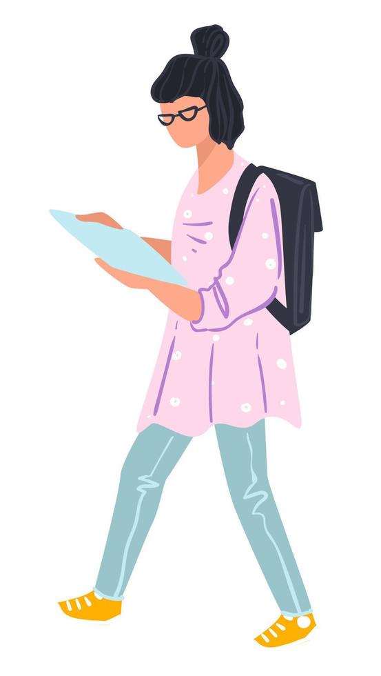 Student girl looking at page and walking vector