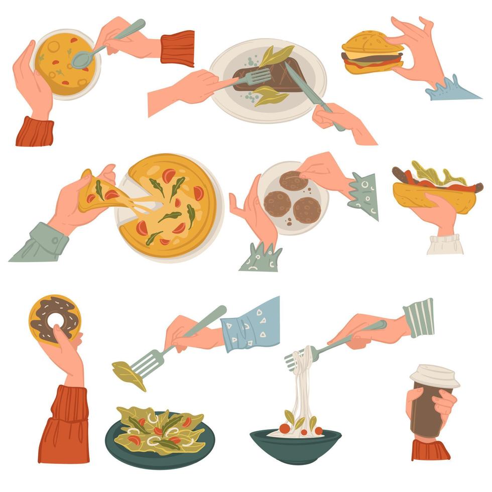 Eating italian and american cuisine dishes with hands vector
