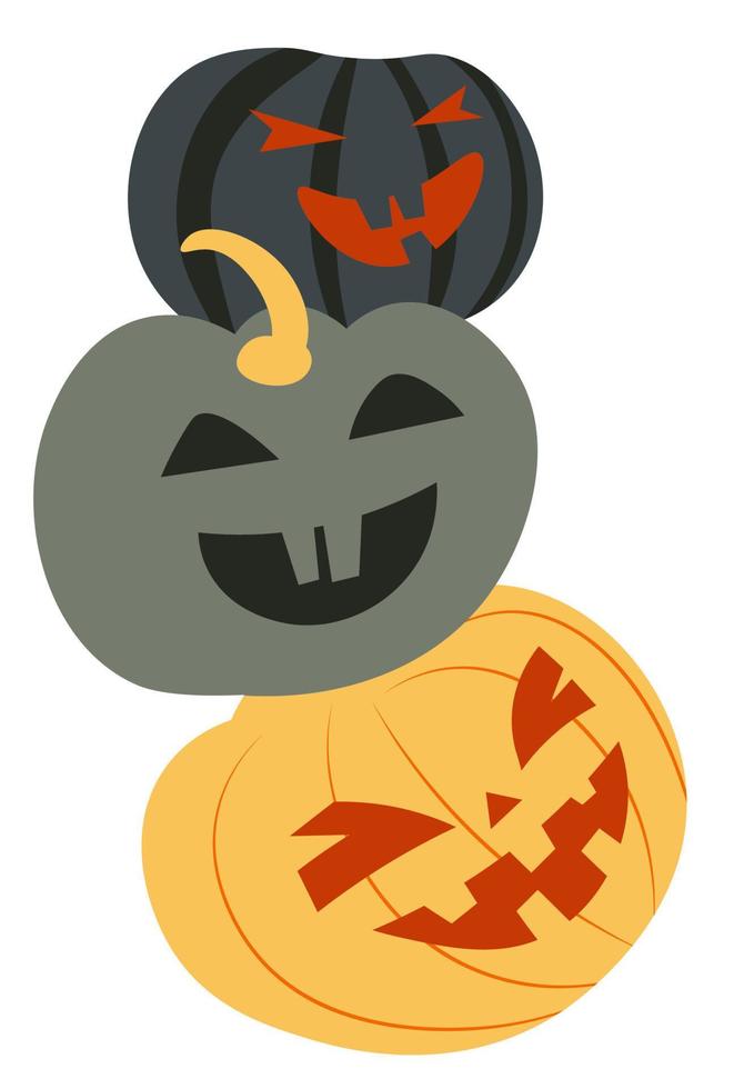 Eerie pumpkin faces, carved jack o lanterns on halloween vector