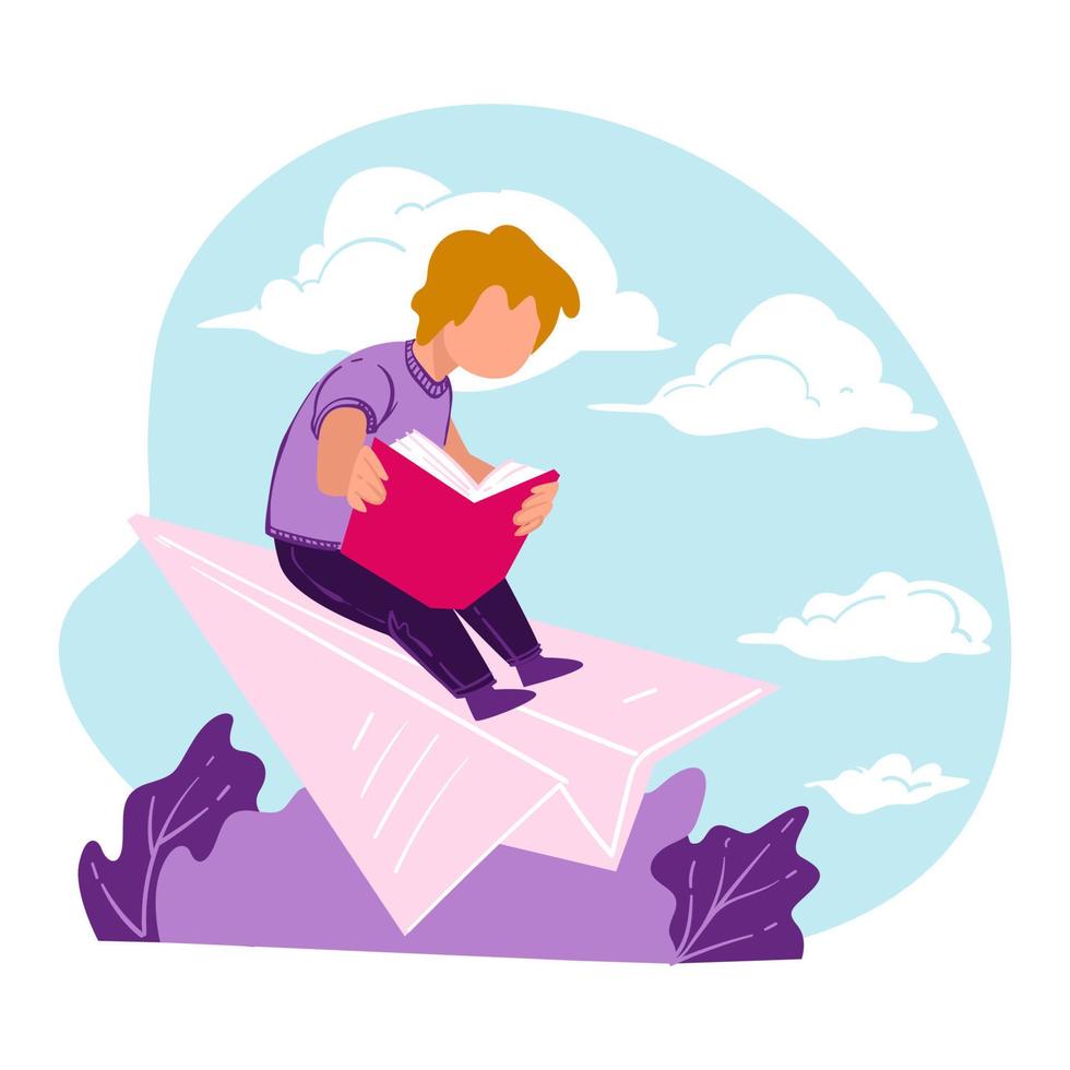 Kid reading book developing imagination, fantasy stories literature vector