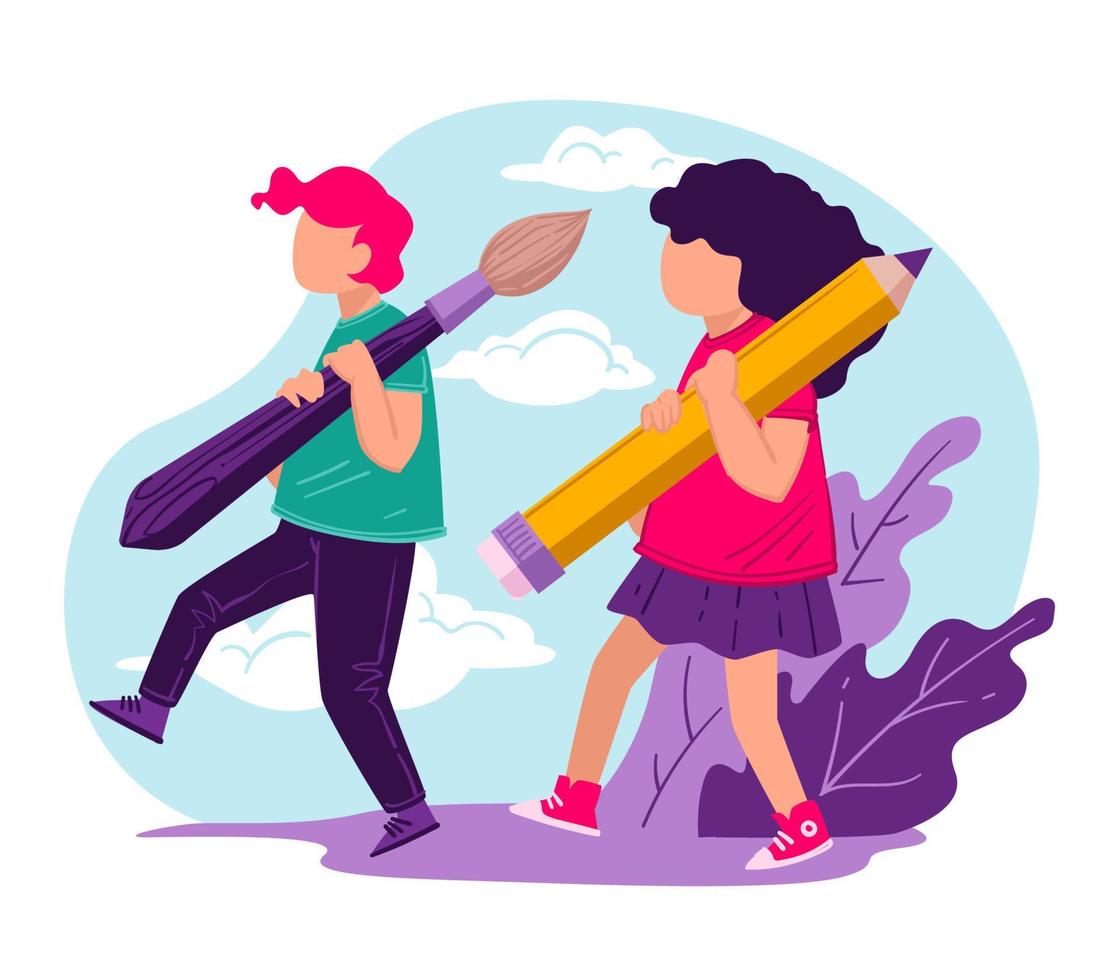 Boy and girl carrying bush and pencil, school education vector