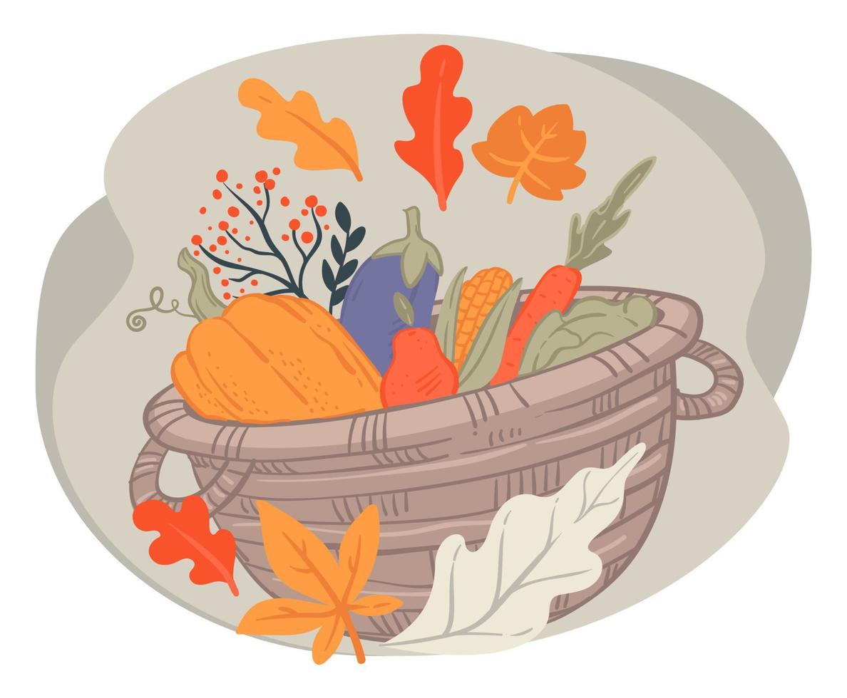 cesta con verduras cosechadas, calabaza de otoño y berenjenas vector