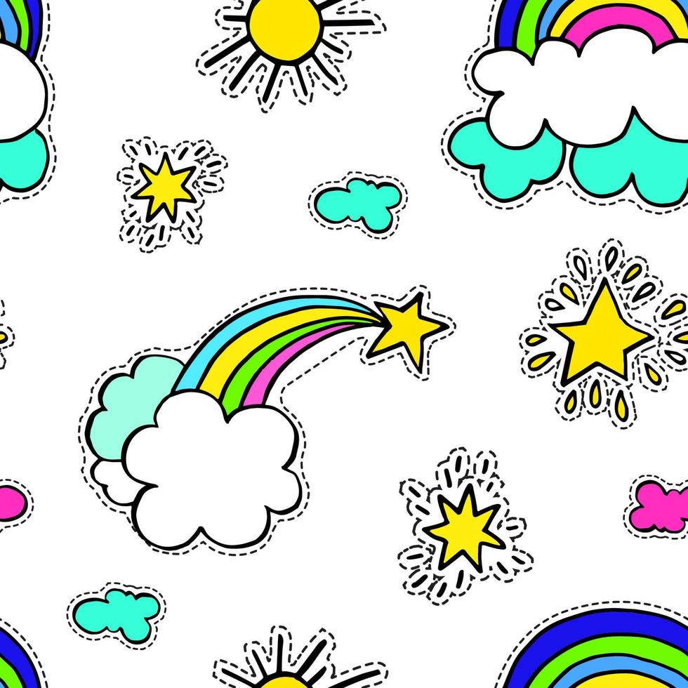 Rainbow with clouds and star, sunshine seamless pattern vector