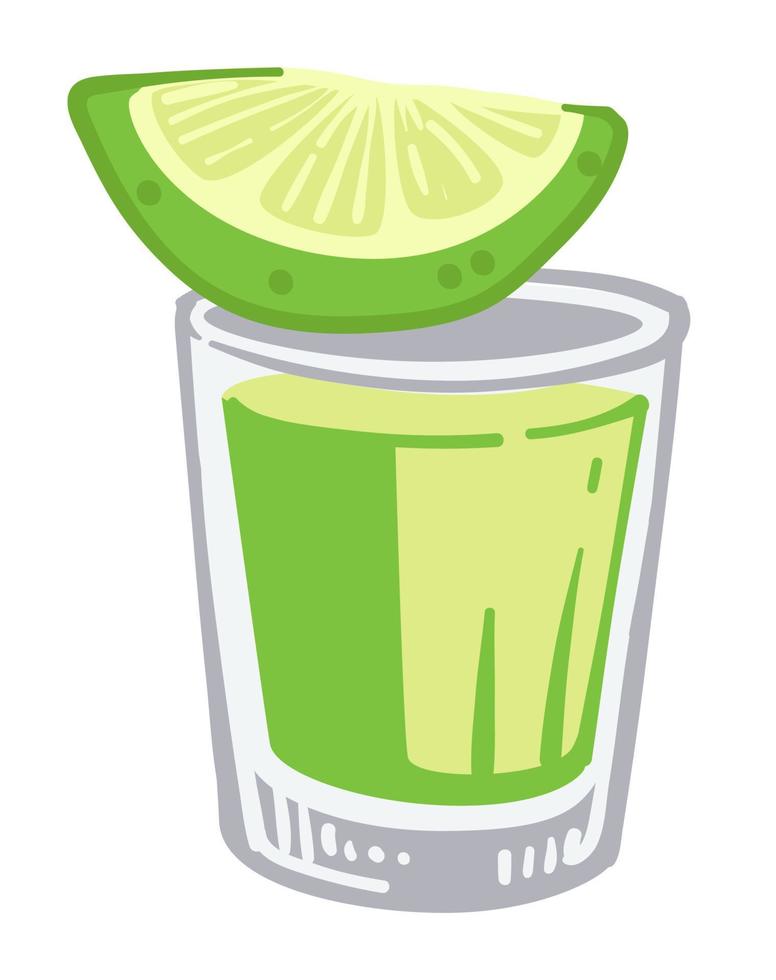 chupito de tequila con limón, bebida alcohólica en vaso vector