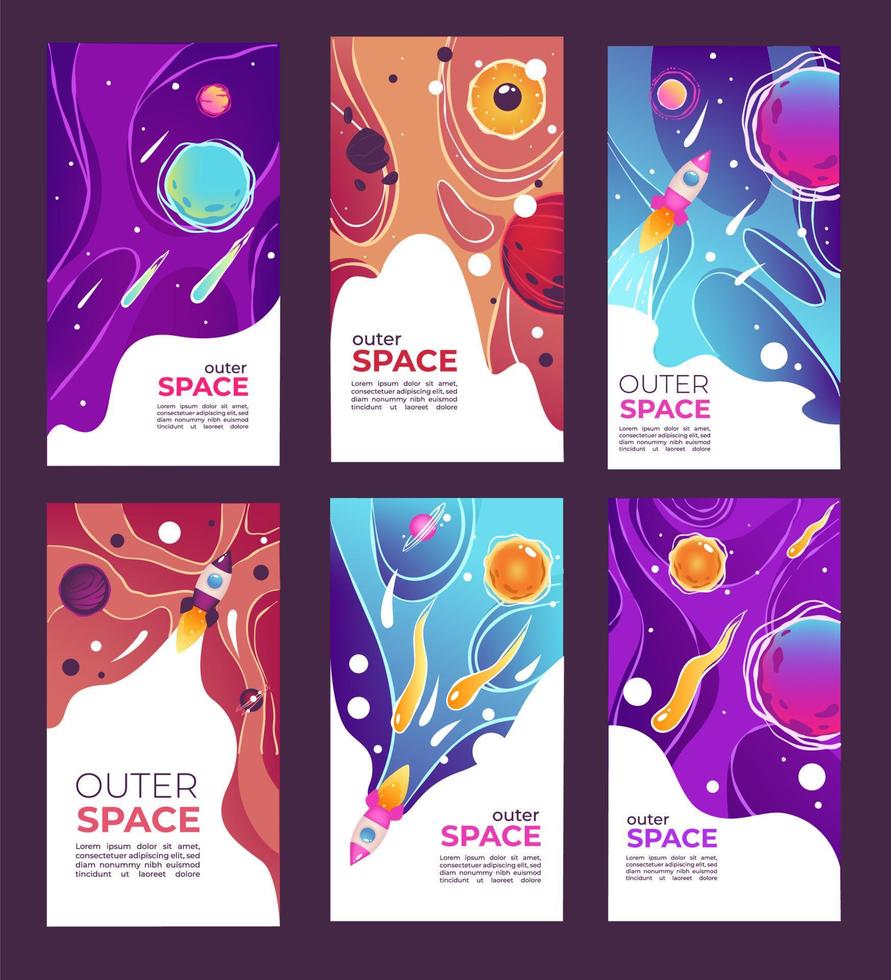 Outer space and universe covers with planets and rockets vector