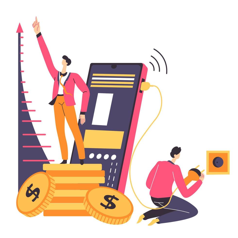 Profit growth, businessman with employee using smartphone for success vector