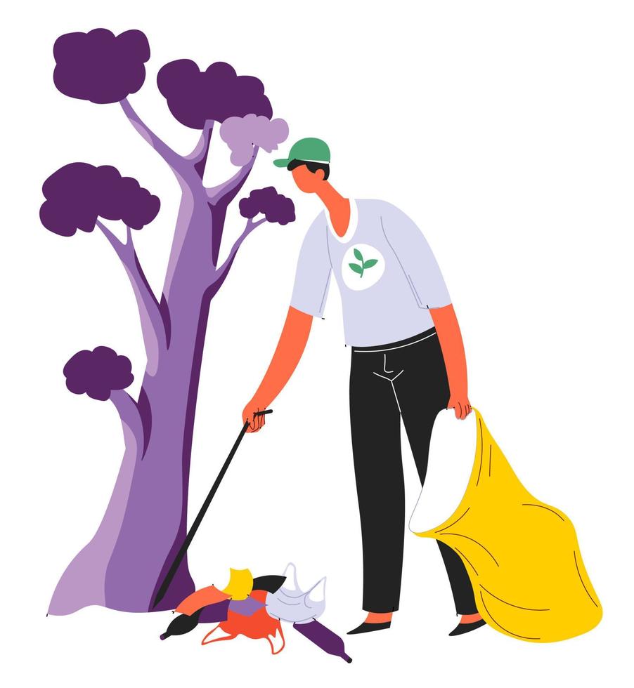 Volunteer collecting garbage in park, volunteering picking litter vector