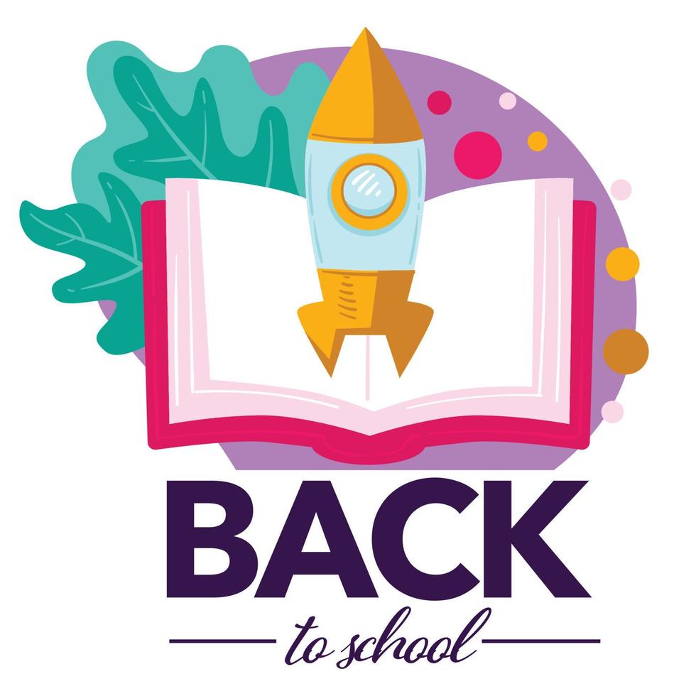 Back to school, open book with launching rocket vector