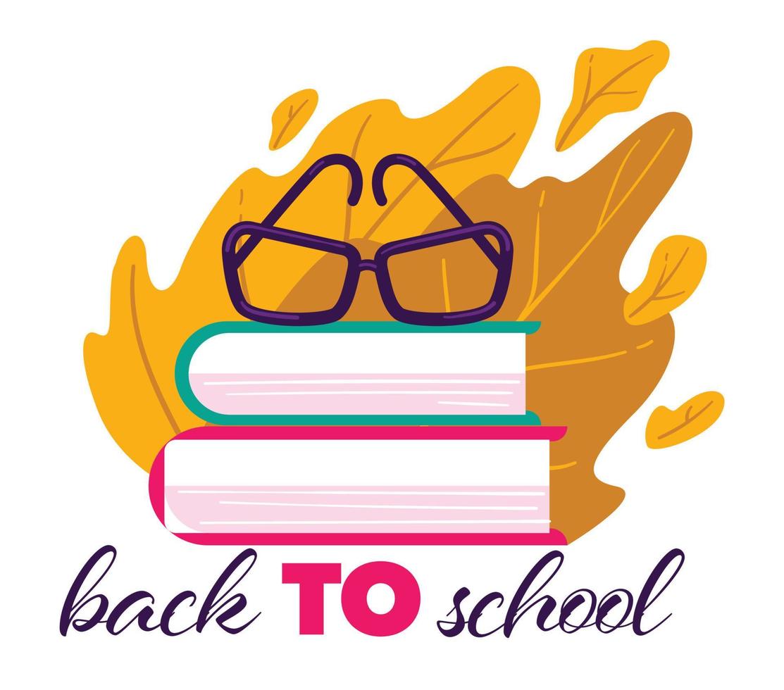 Back to school banner with books and dried leaves vector