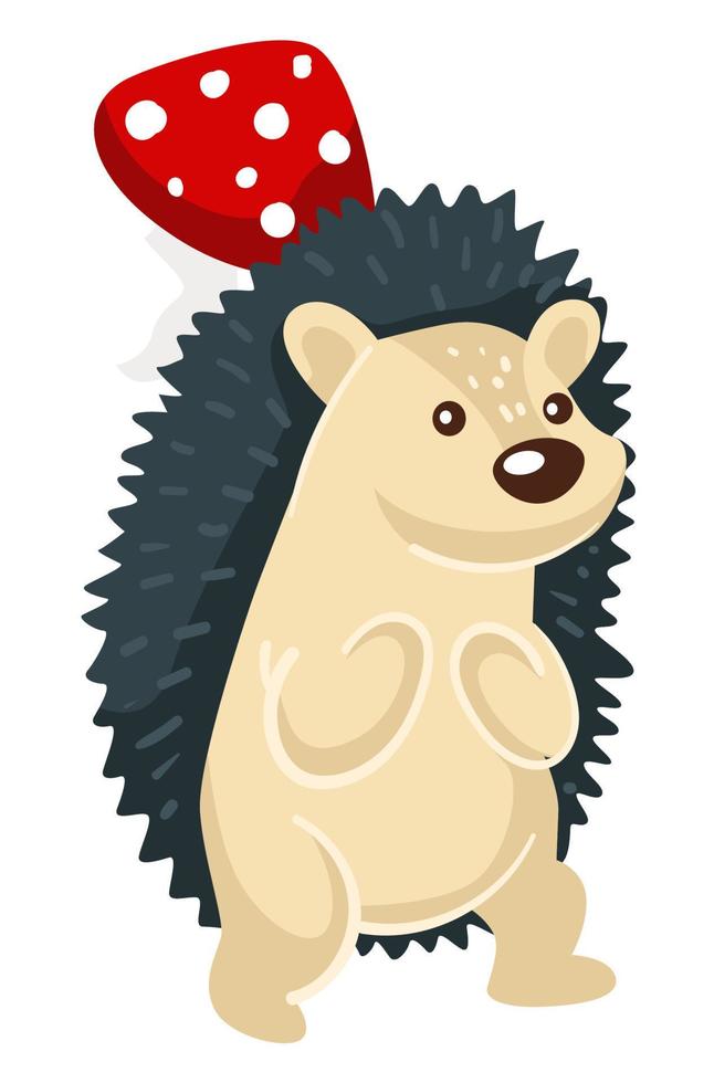 Hedgehog with spikes and mushroom, woodland animal vector