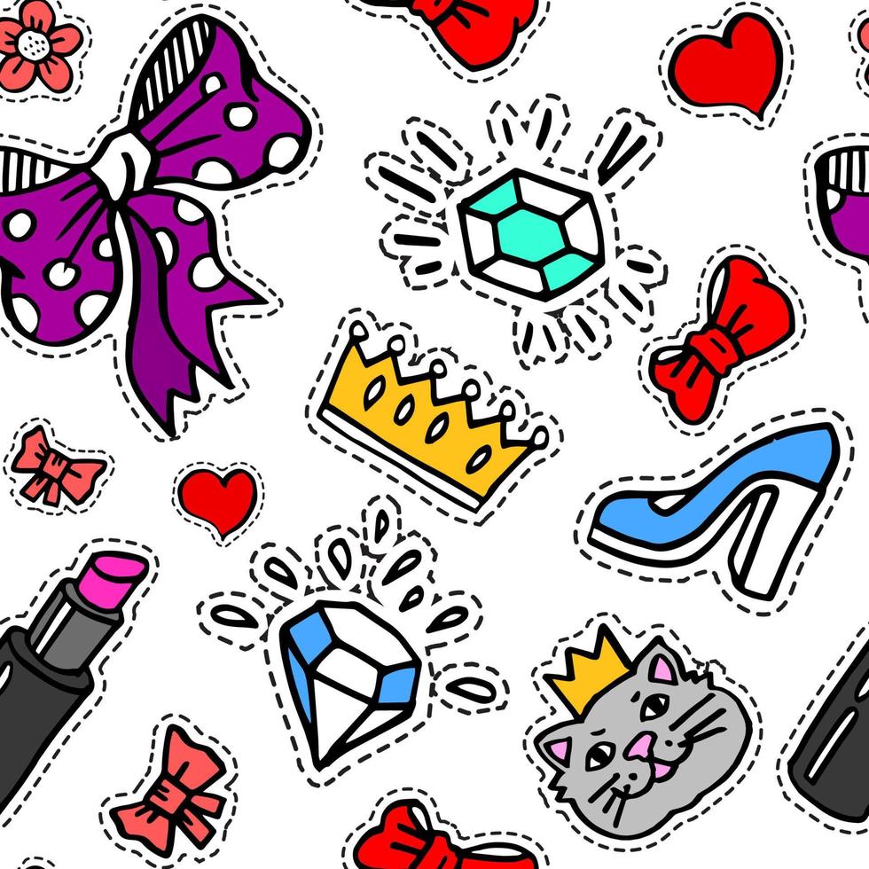 Girly feminine print, crown and ribbon stickers seamless pattern vector