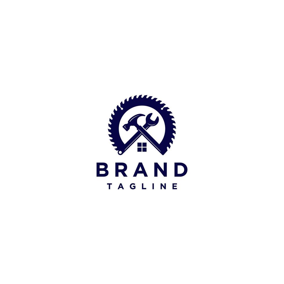 Logo Template About Home Builders Illustrated With Hammers And Crossed Pliers Forming A Perfect House Roof With A Circular Saw Symbol. vector