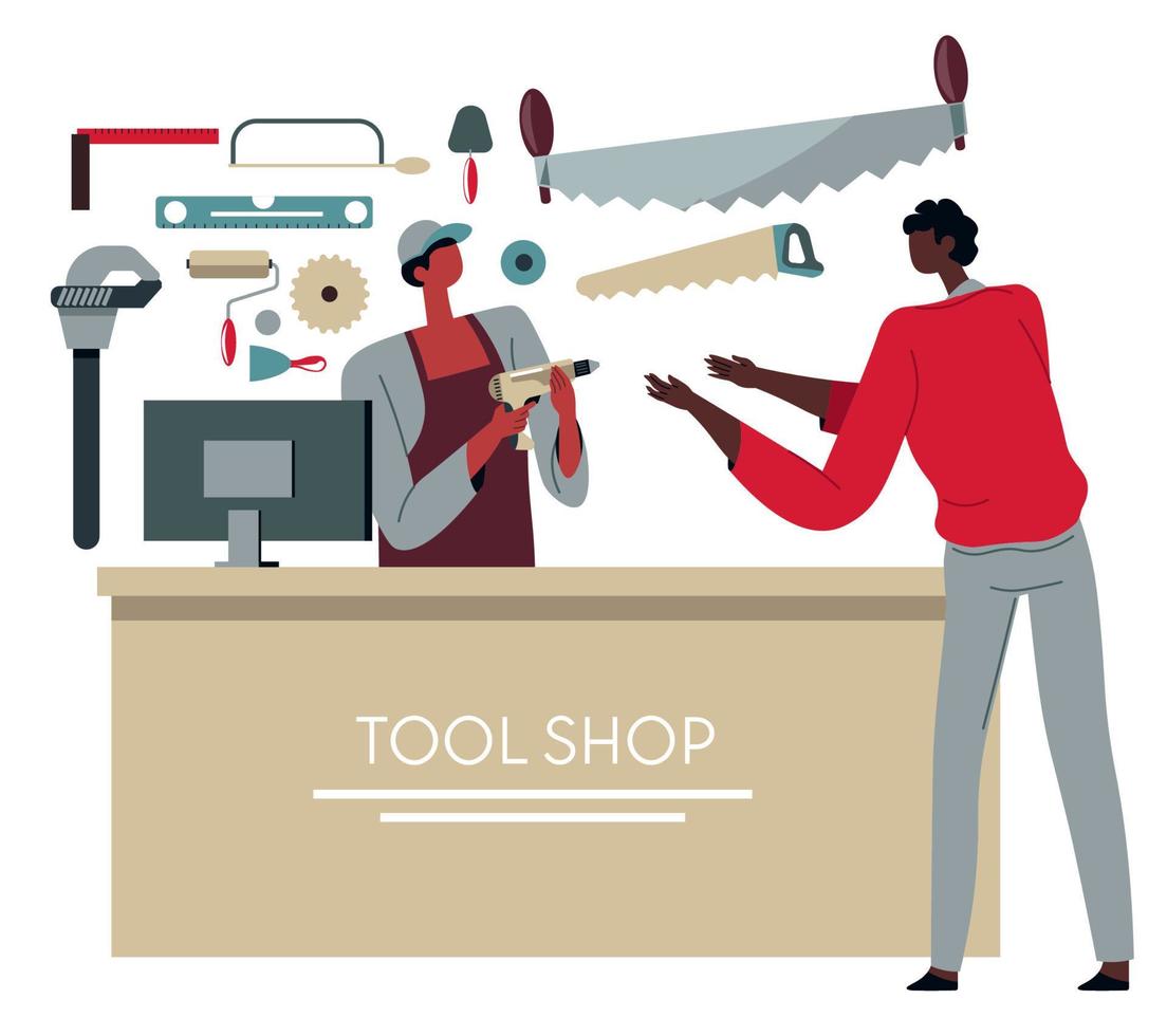 Tool shop, store salesman selling instrument to customer vector