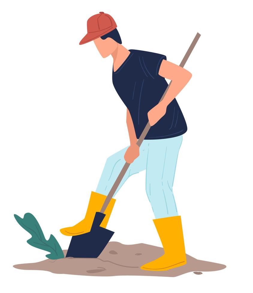 Male character digging holes in soil, agriculture and farming vector