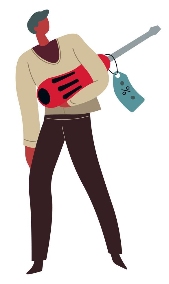 Tool shop customer with instrument on sale in store vector