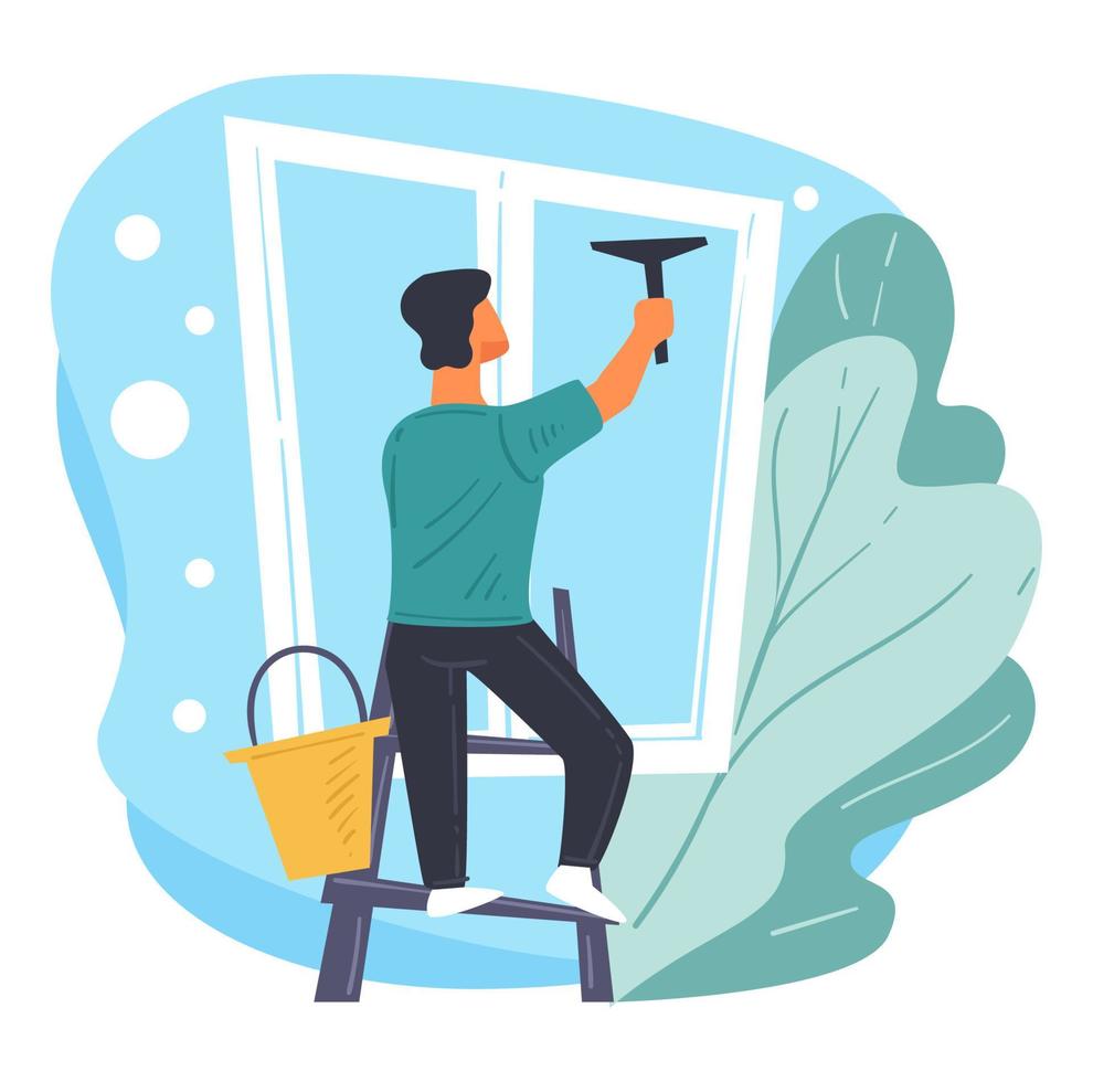 Cleaning company service, maid washing windows with mop vector