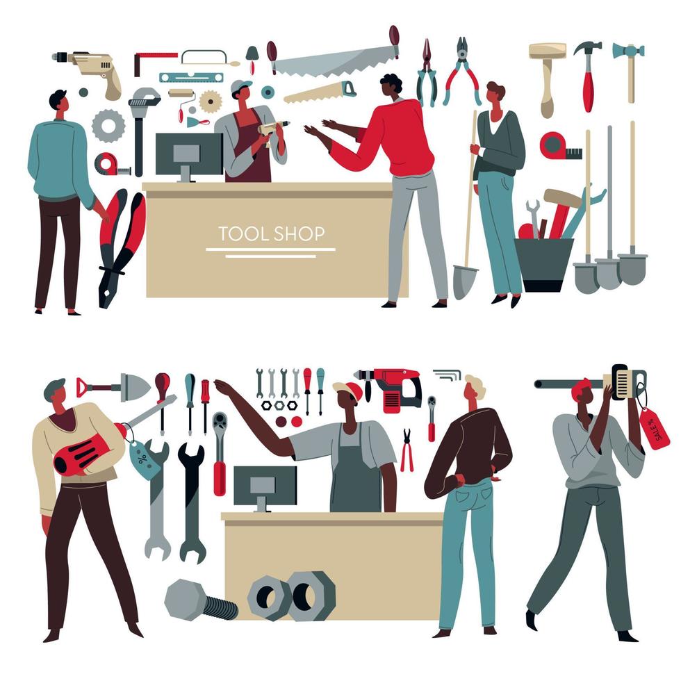 Tool shop assistant and customers, selling instruments vector
