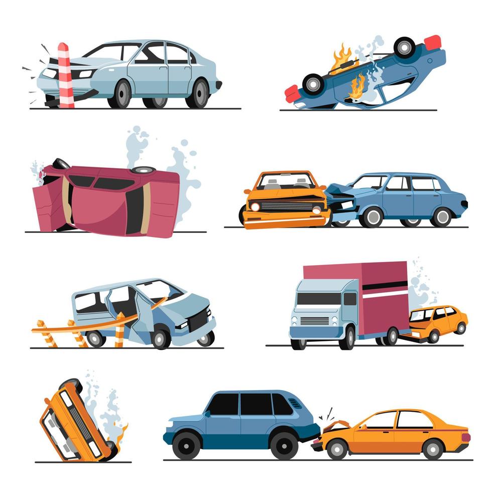 Car crash and damaged vehicles, road accident collision vector