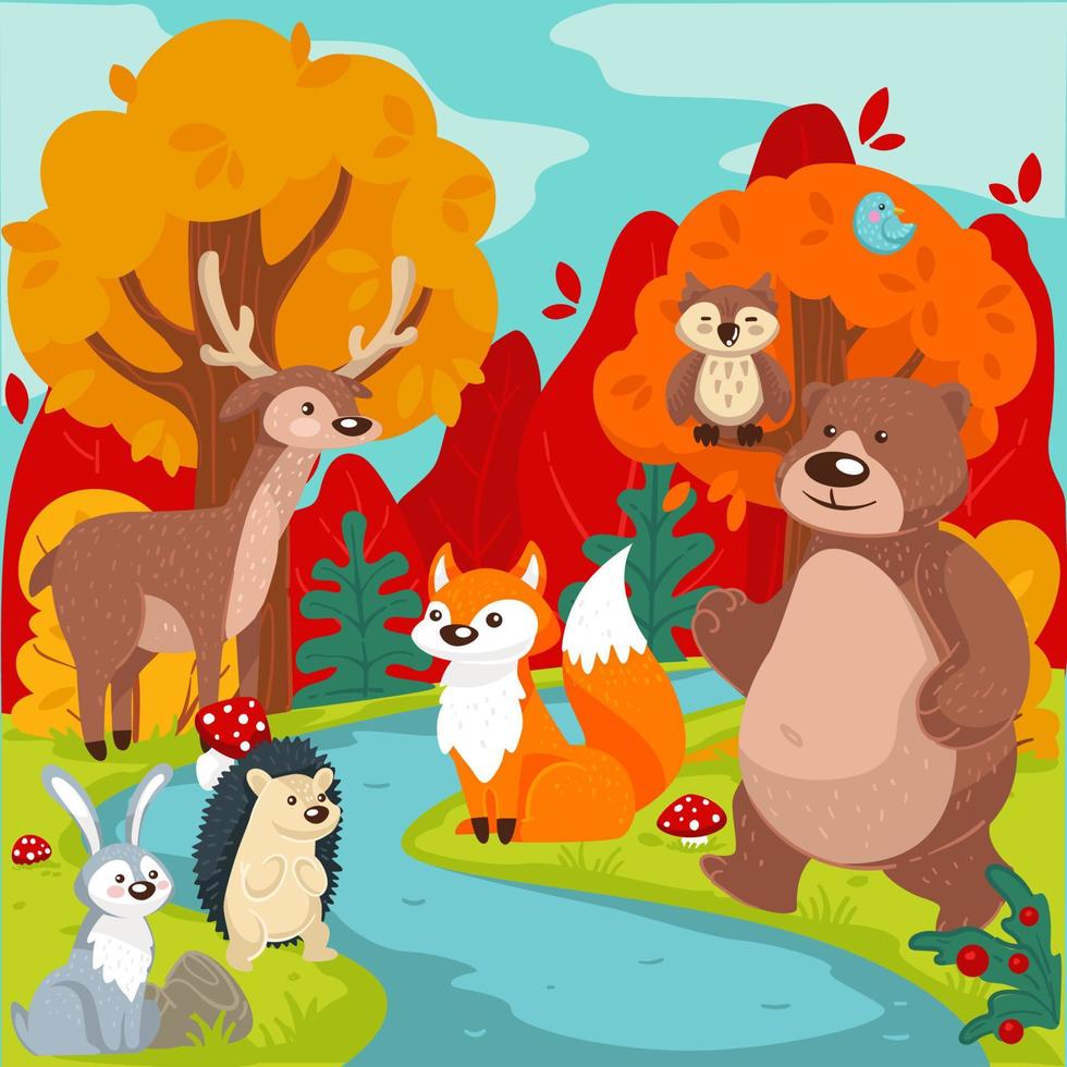 Forest animals, wilderness flora and fauna in nature vector